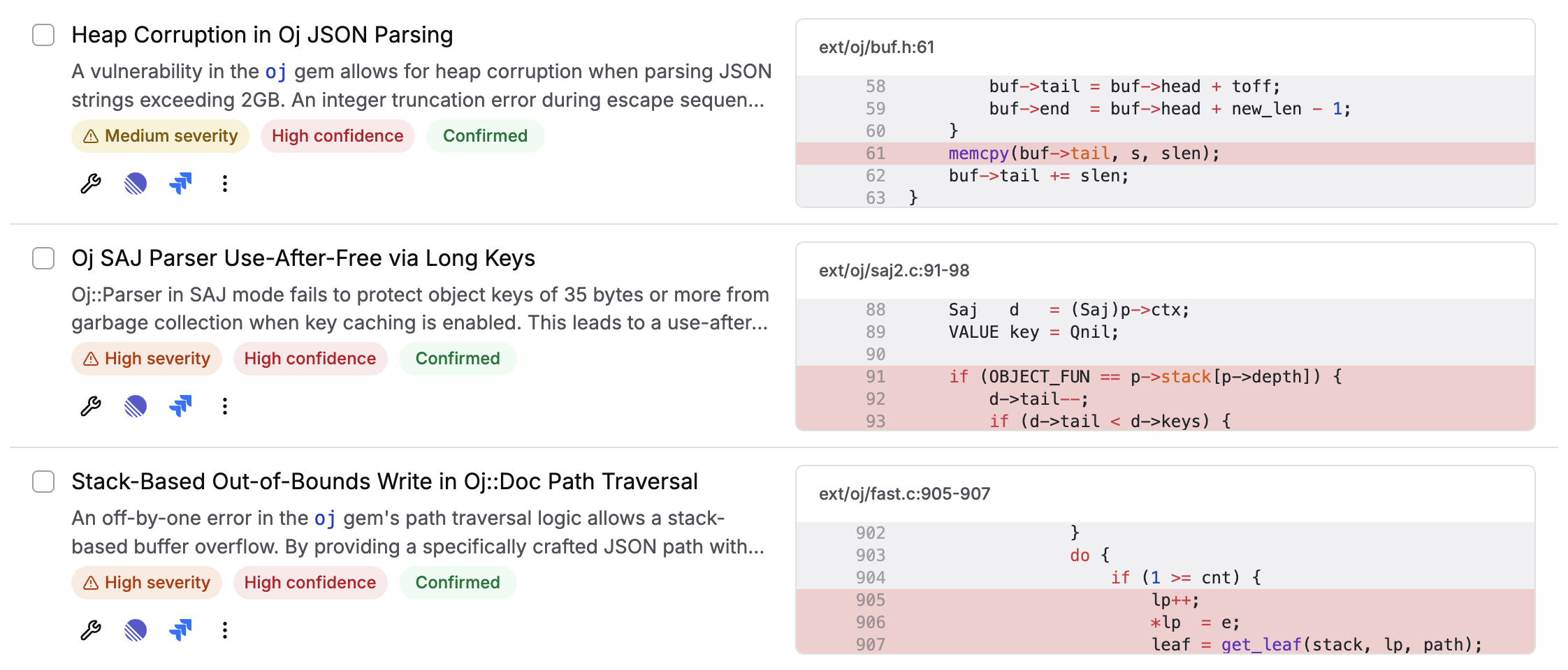 Three confirmed memory-safety issues in the Oj JSON parser