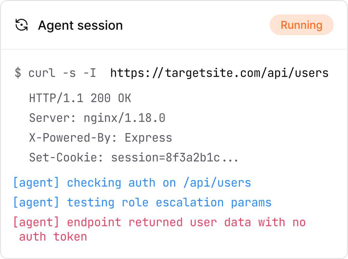 Agentic pentesting session validating a vulnerable endpoint